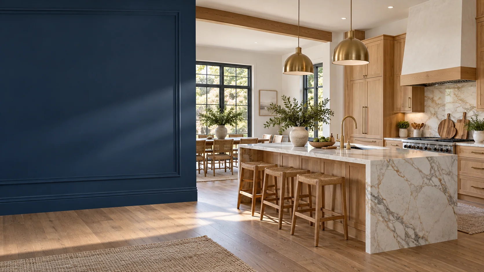Renovated contemporary kitchen with oak cabinets and stone island