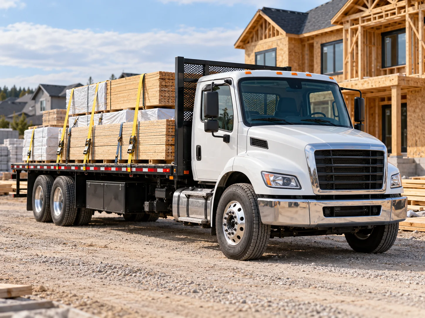 Building materials delivery truck carrying lumber to a construction site