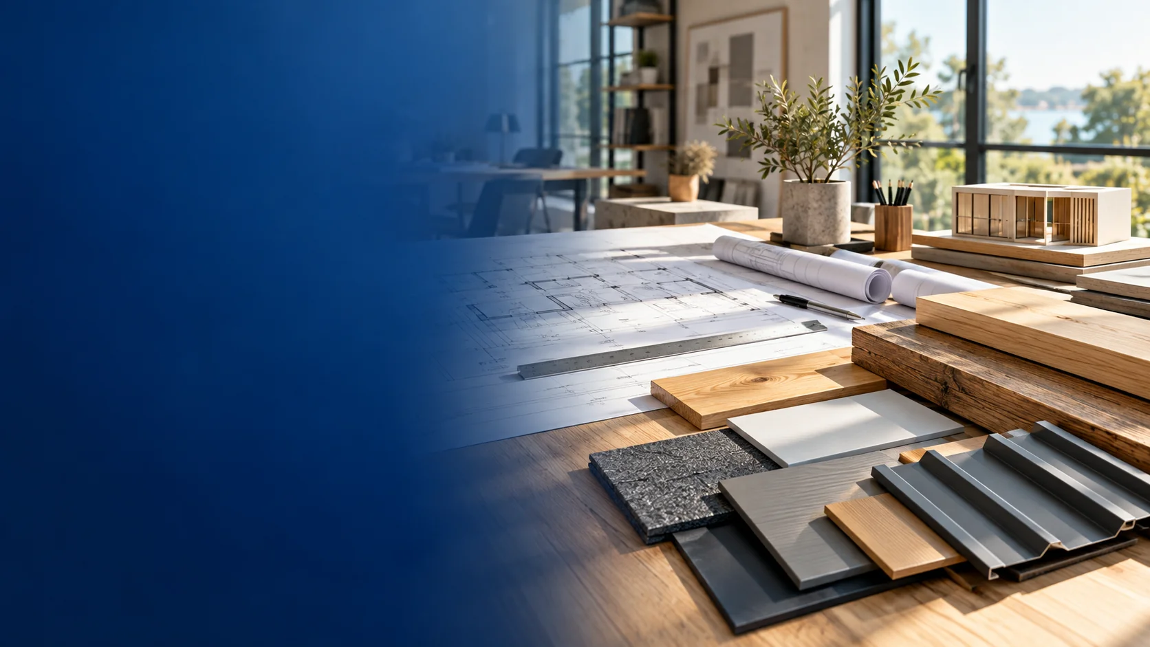 Architectural plans and construction material samples on a design table