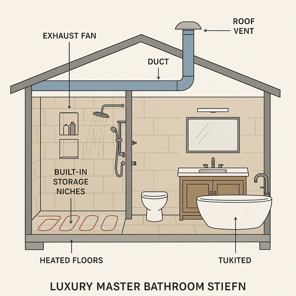 Cross-section diagram of luxury master bathroom showing placement of heated floors, multiple shower heads, built-in storage niches, and proper ventilation systems. Technical details highlight the infrastructure required for luxury features.
