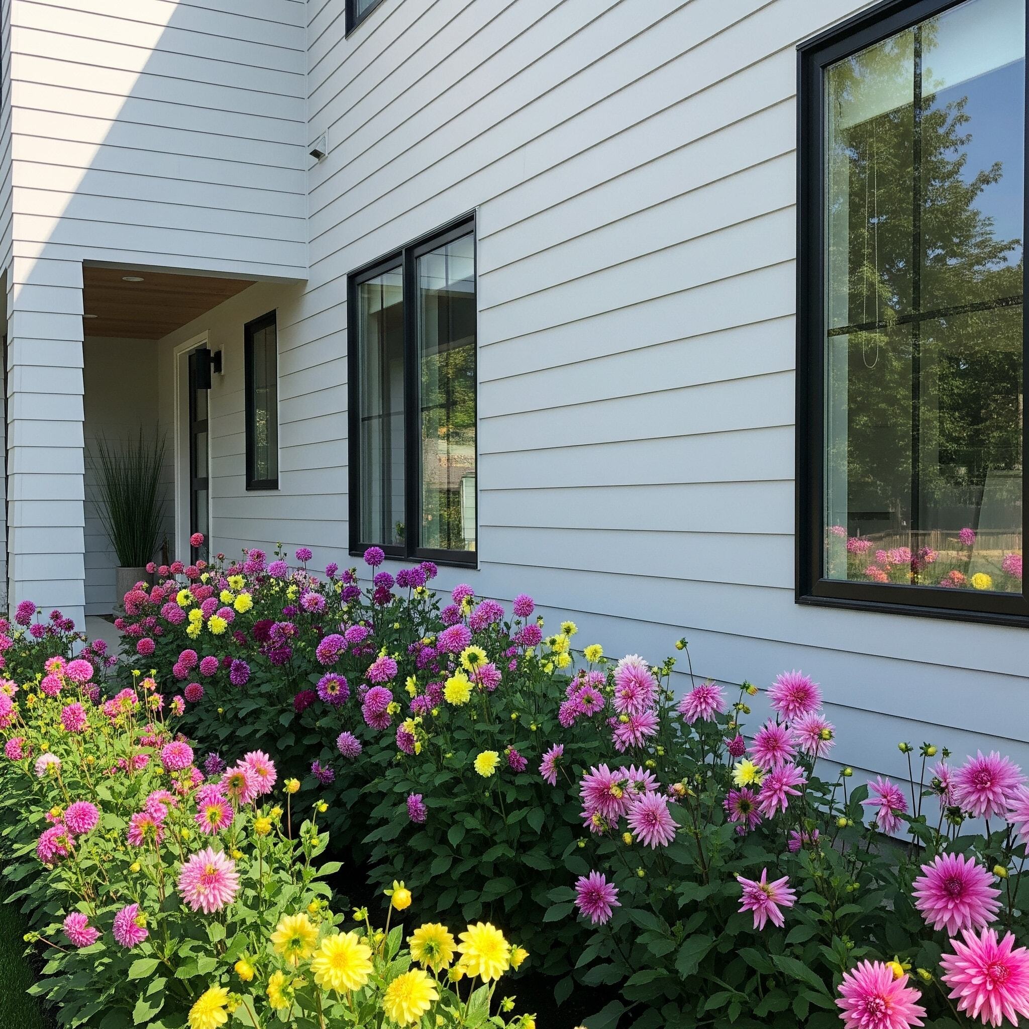 a home exterior with light siding and black window frames, and a small dahlia garden bed.